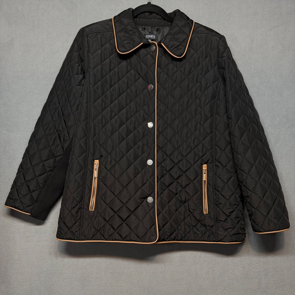 Jones New York Quilted Jacket Tan Trim PXL Black Diamond Stitch Minimalist Chic